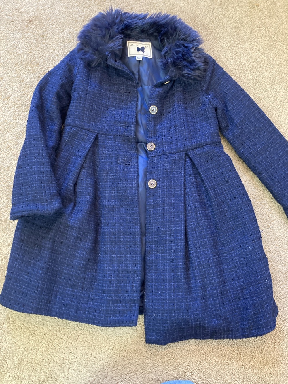 Janie and Jack Navy Blue Tweed Pea Coat with Faux Fur Collar